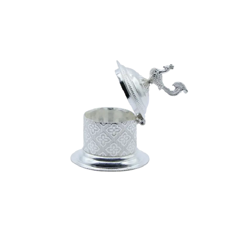 Silver dhoop stand with a peacock-crest lid, shown open