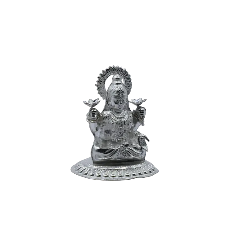 Silver Goddess Lakshmi idol holding lotuses with a radiant halo