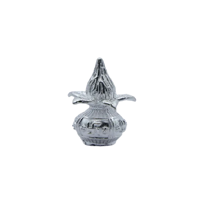 Silver kalash topped with a flame finial and swastik engraving