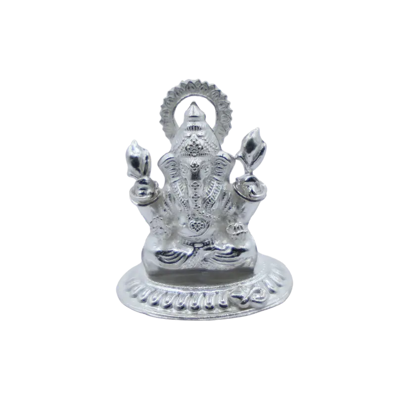Silver Lord Ganesha idol seated on an engraved oval base