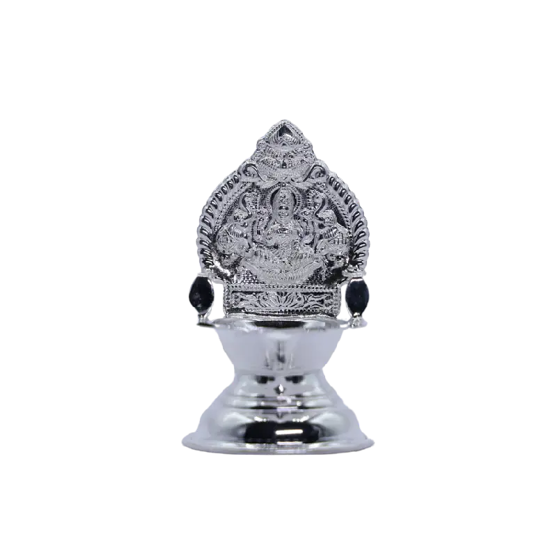 Silver diya lamp embossed with Goddess Lakshmi and gemstone drops